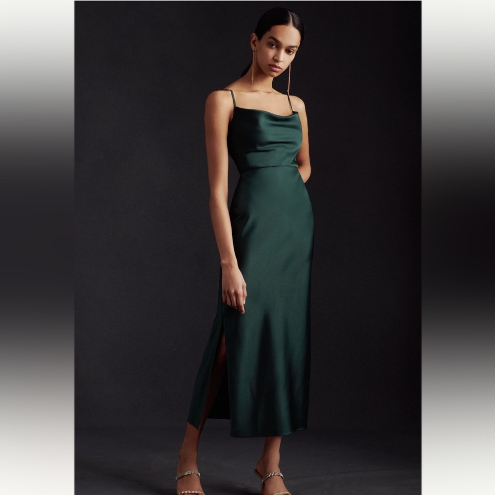 BHLDN Cali Satin Cowl Neck Dress I’m Dark Emerald